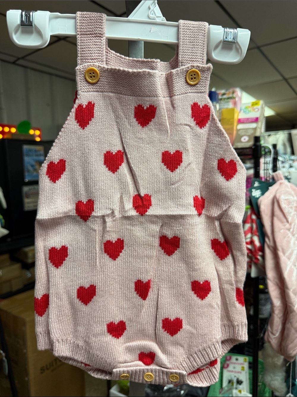 Baby Knit Heart Romper - Pink with Red Hearts 12-18 months